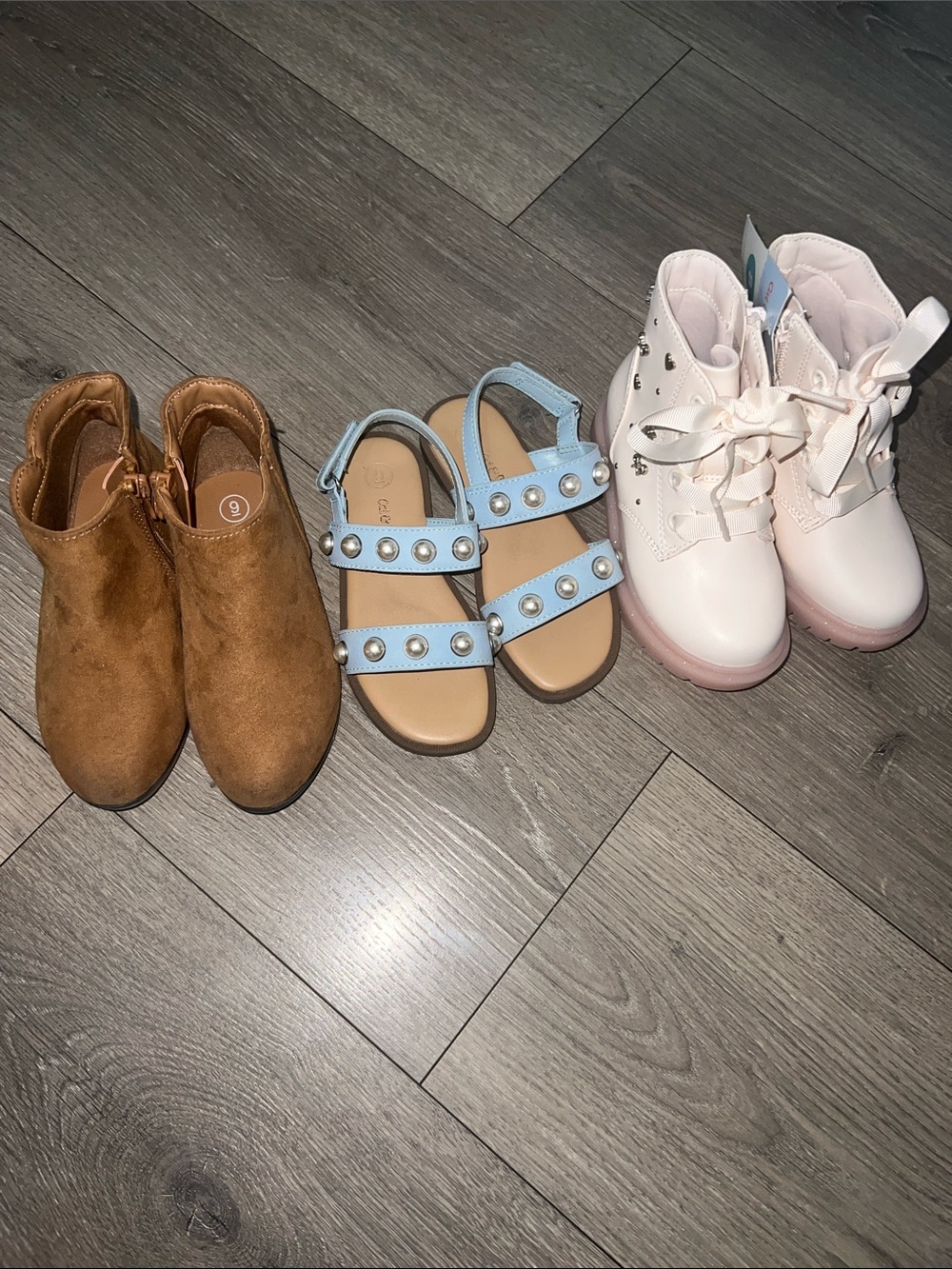 Size 8/9 toddler bundle- Light Blue Pearl Strap Sandals, pink boots, brown boots